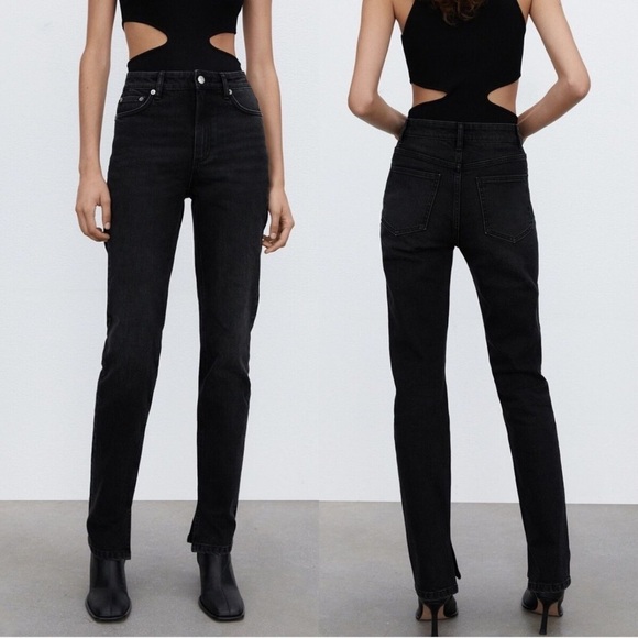 Zara Split Hem Slim Jeans High-Rise Full Length Straight Leg in black Size 4 - Picture 1 of 9